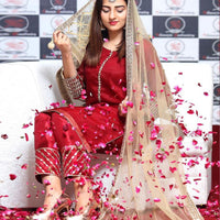 3-Piece Unstitched Wedding Dress – Chiffon Mirror Work Shirt, Kataan Trouser & Net Dupatta