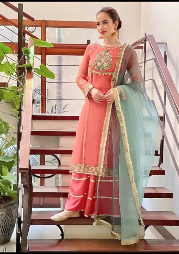 3-Piece Unstitched Organza Molty Work Dress – With Kataan Trouser & Dupatta