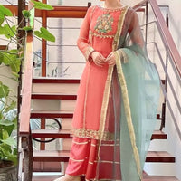 3-Piece Unstitched Organza Molty Work Dress – With Kataan Trouser & Dupatta