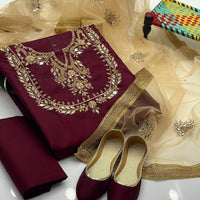 4-Piece Unstitched Fancy Dress – Kataan Mirror Work Suit with Net Dupatta & Khussa