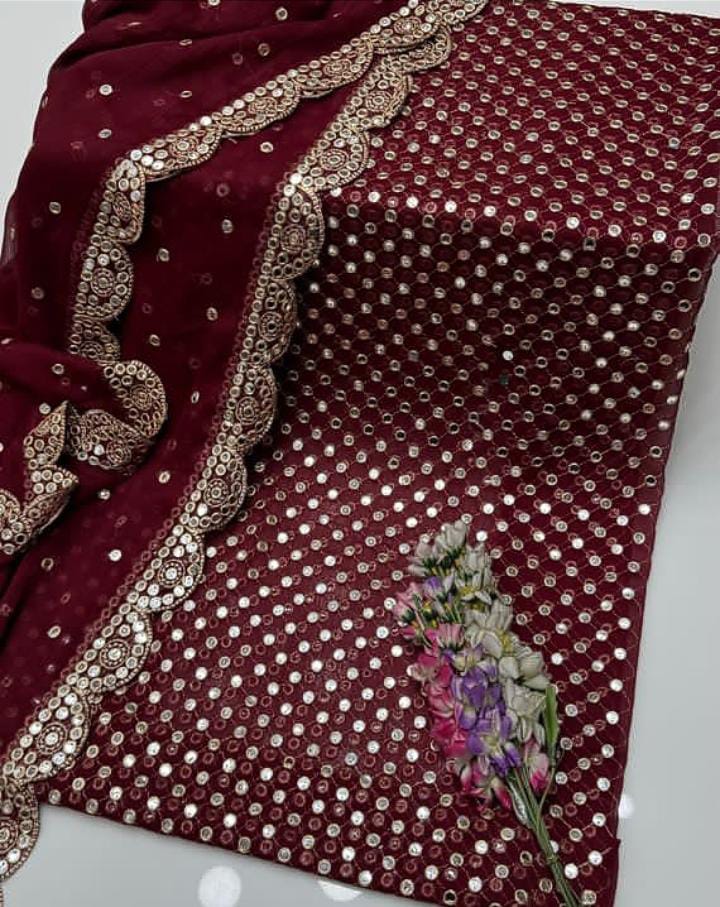 3-Piece Unstitched Fancy Chiffon Dress – Sheesha Zaari Embroidery with Border Dupatta