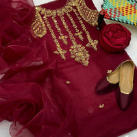 4-Piece Unstitched Organza Aari Work Dress – With Kunden Dupatta & Khussa