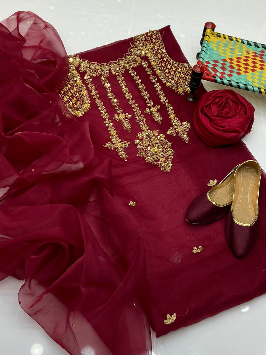 4-Piece Unstitched Organza Aari Work Dress – With Kunden Dupatta & Khussa