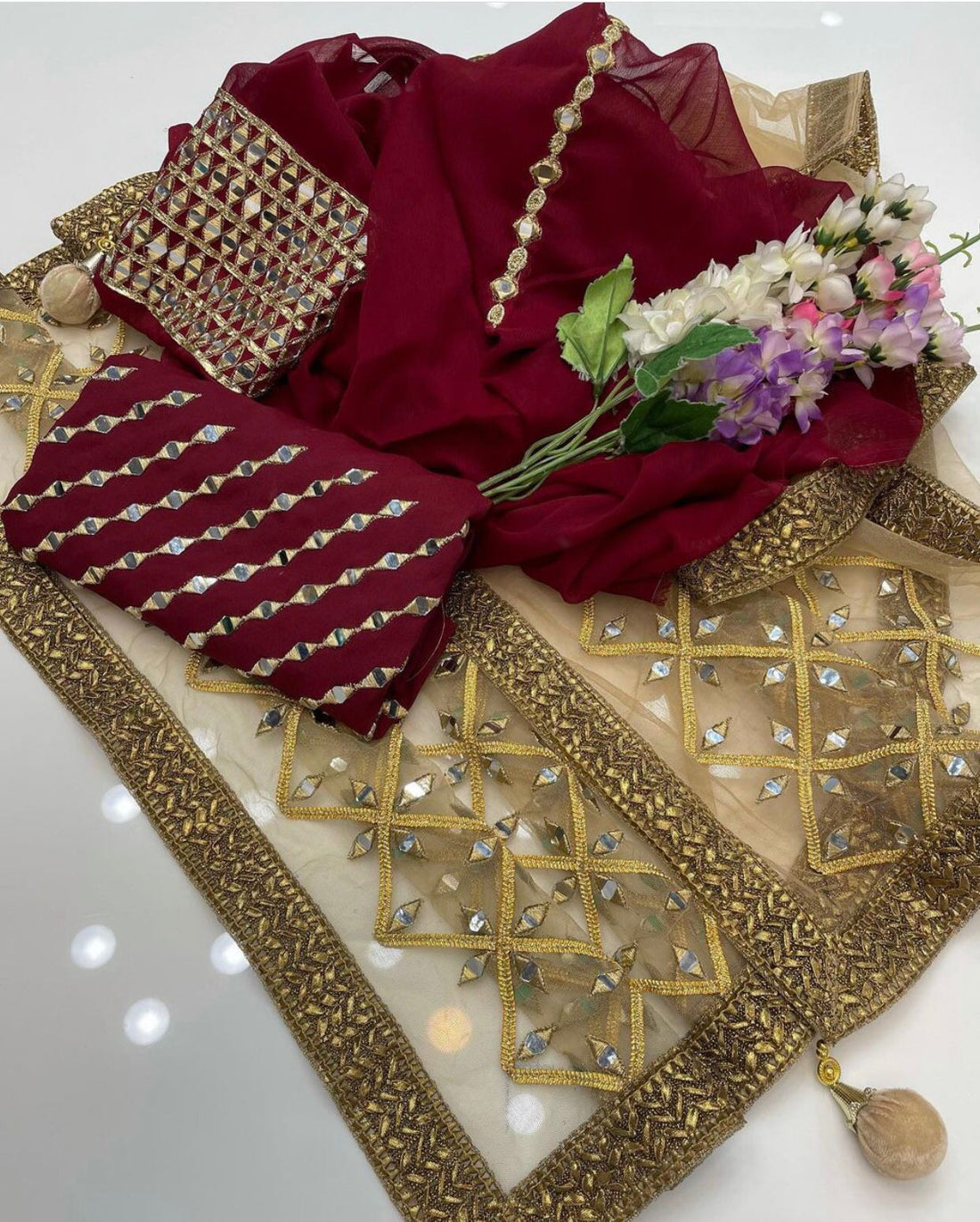 3-Piece Unstitched Wedding Dress – Chiffon Mirror Work Shirt, Kataan Trouser & Net Dupatta
