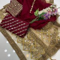 3-Piece Unstitched Wedding Dress – Chiffon Mirror Work Shirt, Kataan Trouser & Net Dupatta