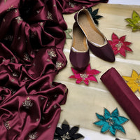 3-Piece Unstitched Shamoz Silk Dress – Jhumka Embroidery with Net Dupatta & Free Khussa