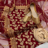 4-Piece Fancy Unstitched Dress for Girls – Chiffon Shirt, Masoori Trouser, Organza Dupatta & Khussa