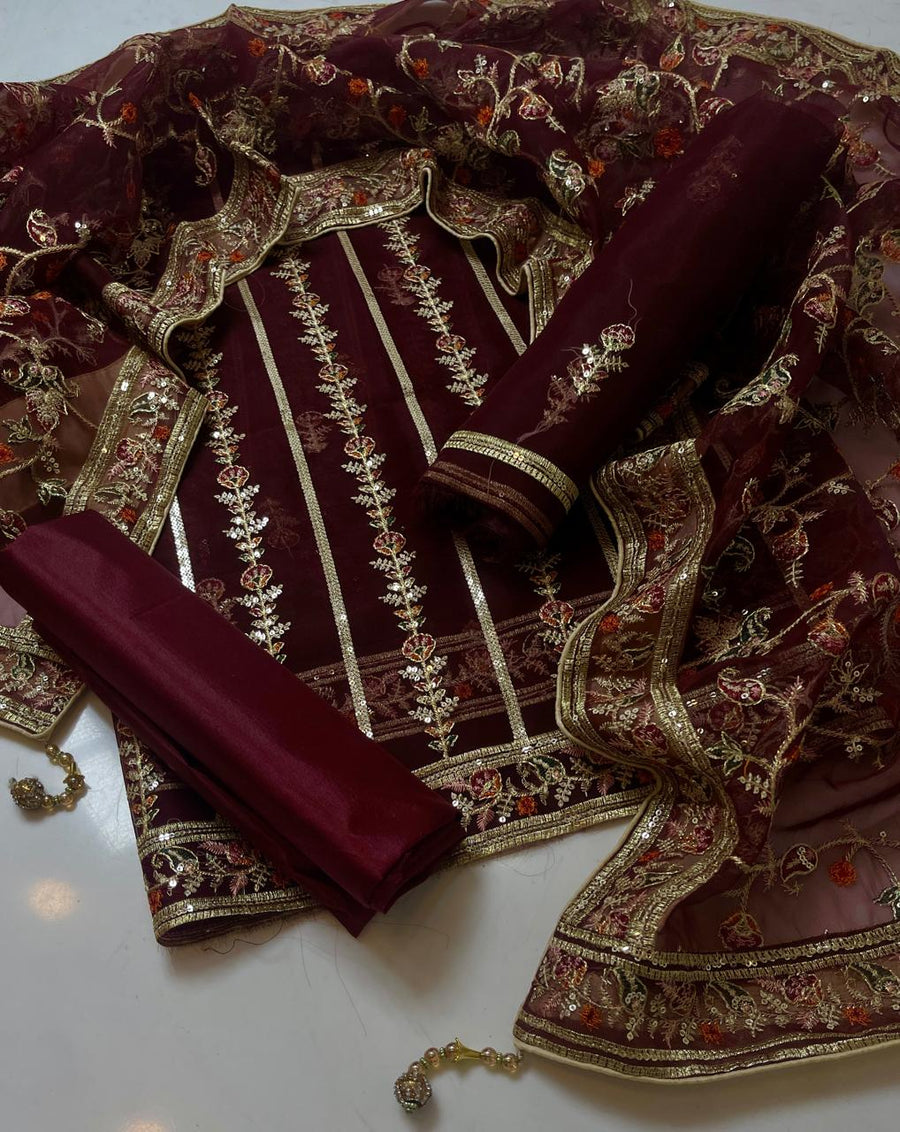 3-Piece Luxury Organza Dress – Jaal Work Shirt, Embroidered Sleeves & Net Shawl Dupatta