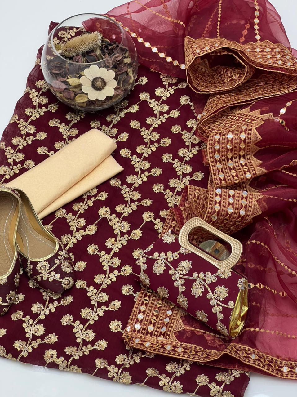 5-Piece Unstitched Wedding Dress – Georgette Shirt, Masoori Trouser, Organza Dupatta with Khussa & Clutch