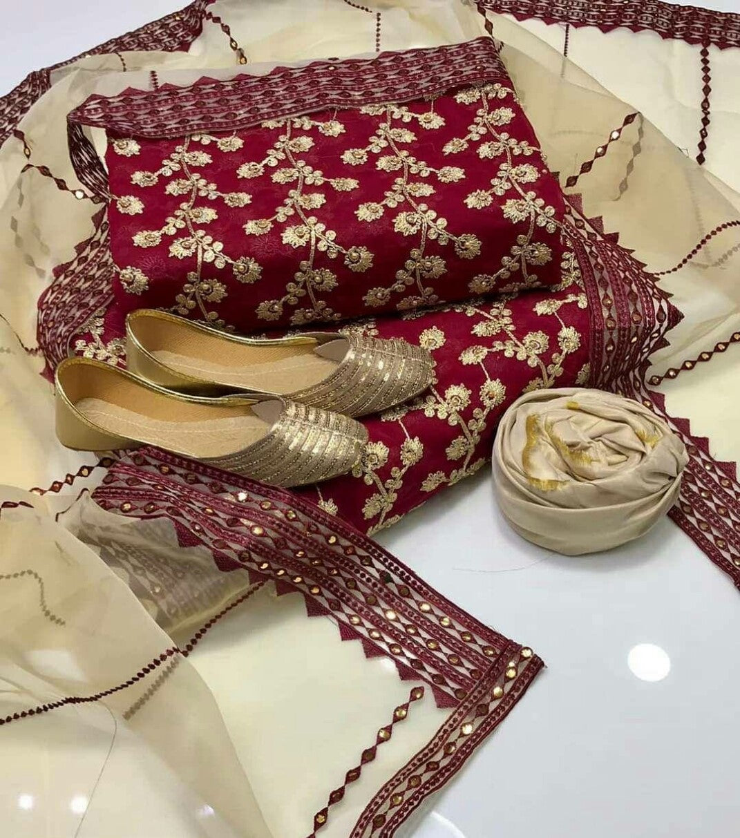 4-Piece Unstitched Wedding Suit – Chiffon Embroidered Shirt with Khussa