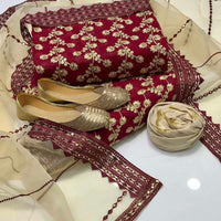 4-Piece Unstitched Wedding Suit – Chiffon Embroidered Shirt with Khussa