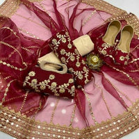 5-Piece Unstitched Party Suit – Chiffon Nag Jaal Shirt with Organza Dupatta, Khussa & Clutch