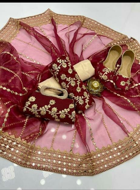 5-Piece Unstitched Party Suit – Chiffon Nag Jaal Shirt with Organza Dupatta, Khussa & Clutch