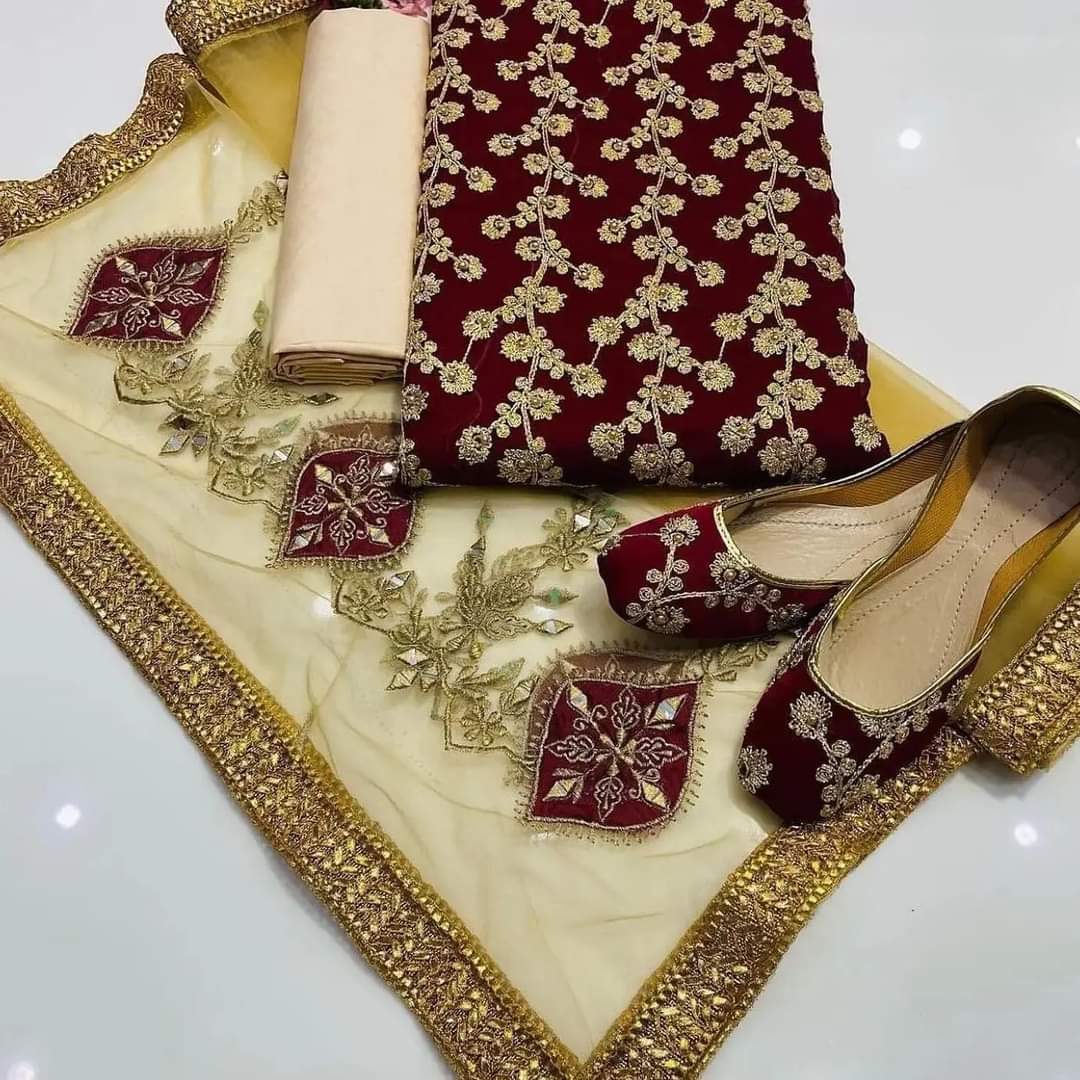 4-Piece Unstitched Wedding Suit – Chiffon Shirt, Masoori Trouser, Net Dupatta & Khussa
