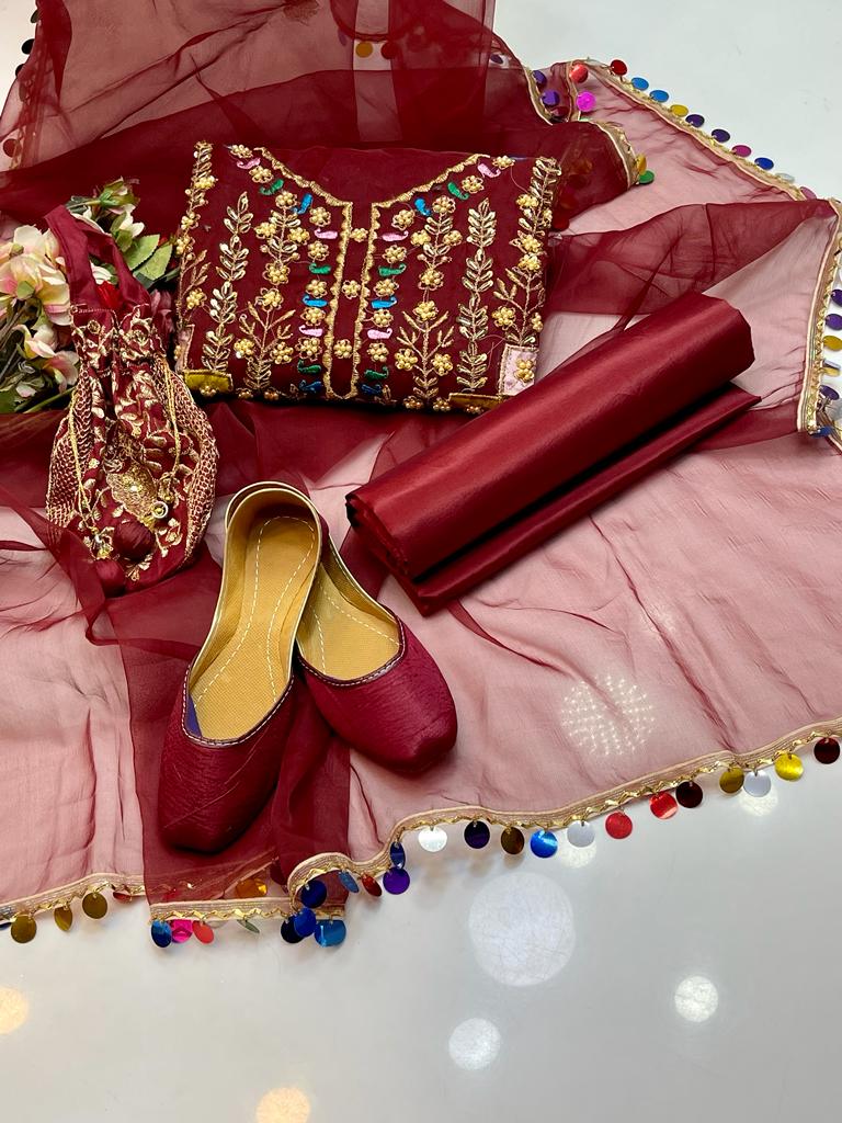 5-Piece Unstitched Wedding Suit – Organza Molty Work with Khussa & Bag