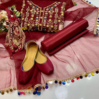 5-Piece Unstitched Wedding Suit – Organza Molty Work with Khussa & Bag