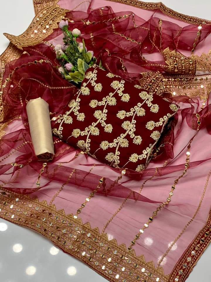 3-Piece Unstitched Dress – Chiffon Embroidered Shirt, Masoori Trouser & Organza Dupatta
