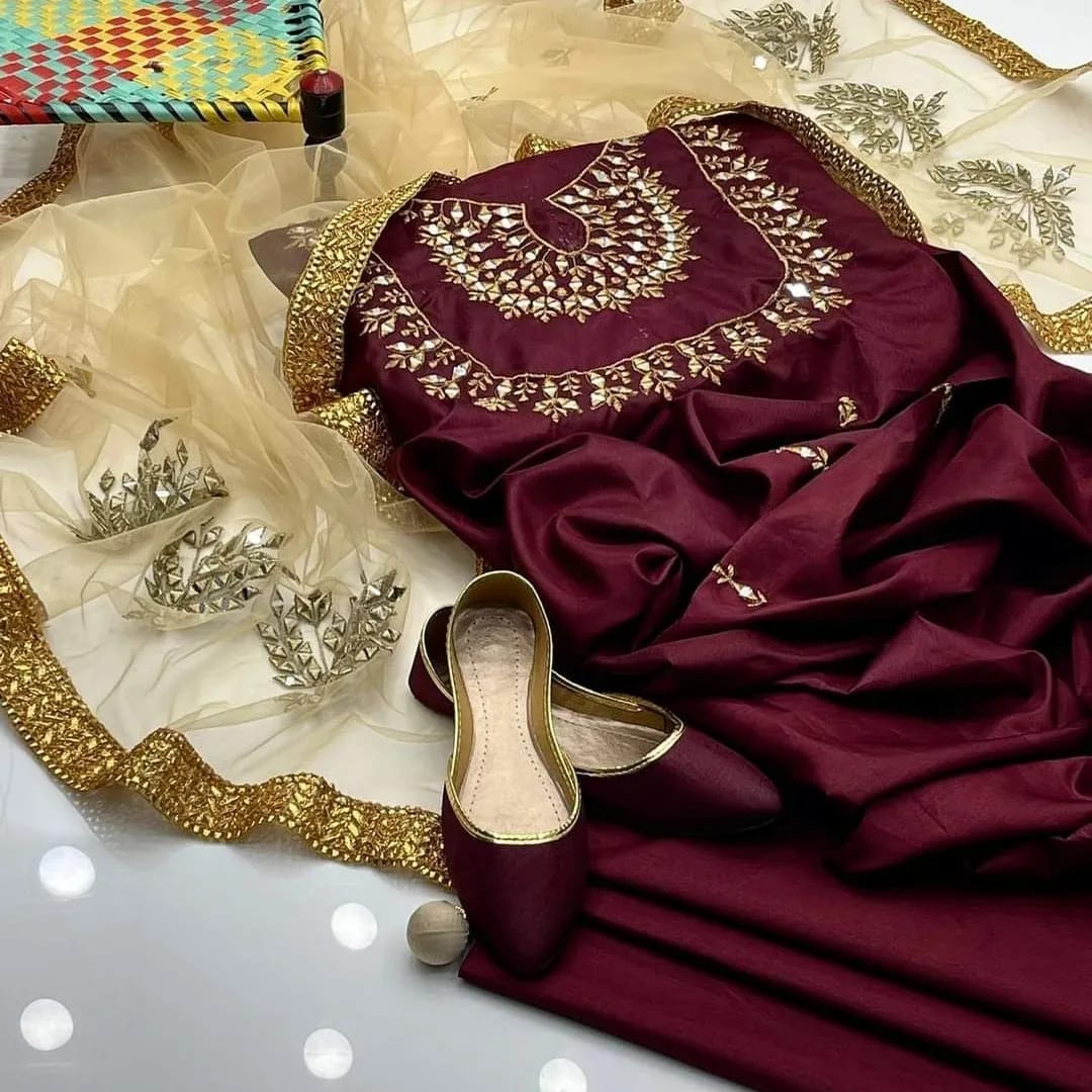 4-Piece Unstitched Kataan Mirror Work Suit – With Net Dupatta & Fancy Khussa