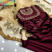 4-Piece Unstitched Kataan Mirror Work Suit – With Net Dupatta & Fancy Khussa