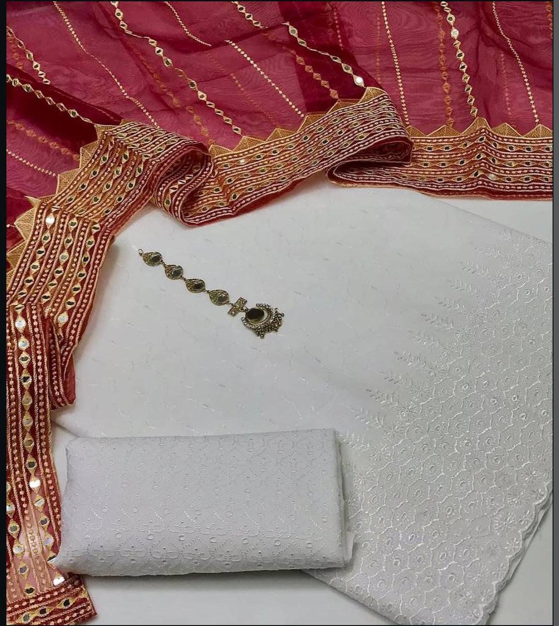 3-Piece Unstitched Summer Fancy Dress – White Chickenkari with Organza Foil Dupatta & Mirror Neckline