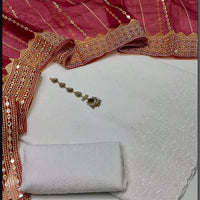 3-Piece Unstitched Summer Fancy Dress – White Chickenkari with Organza Foil Dupatta & Mirror Neckline