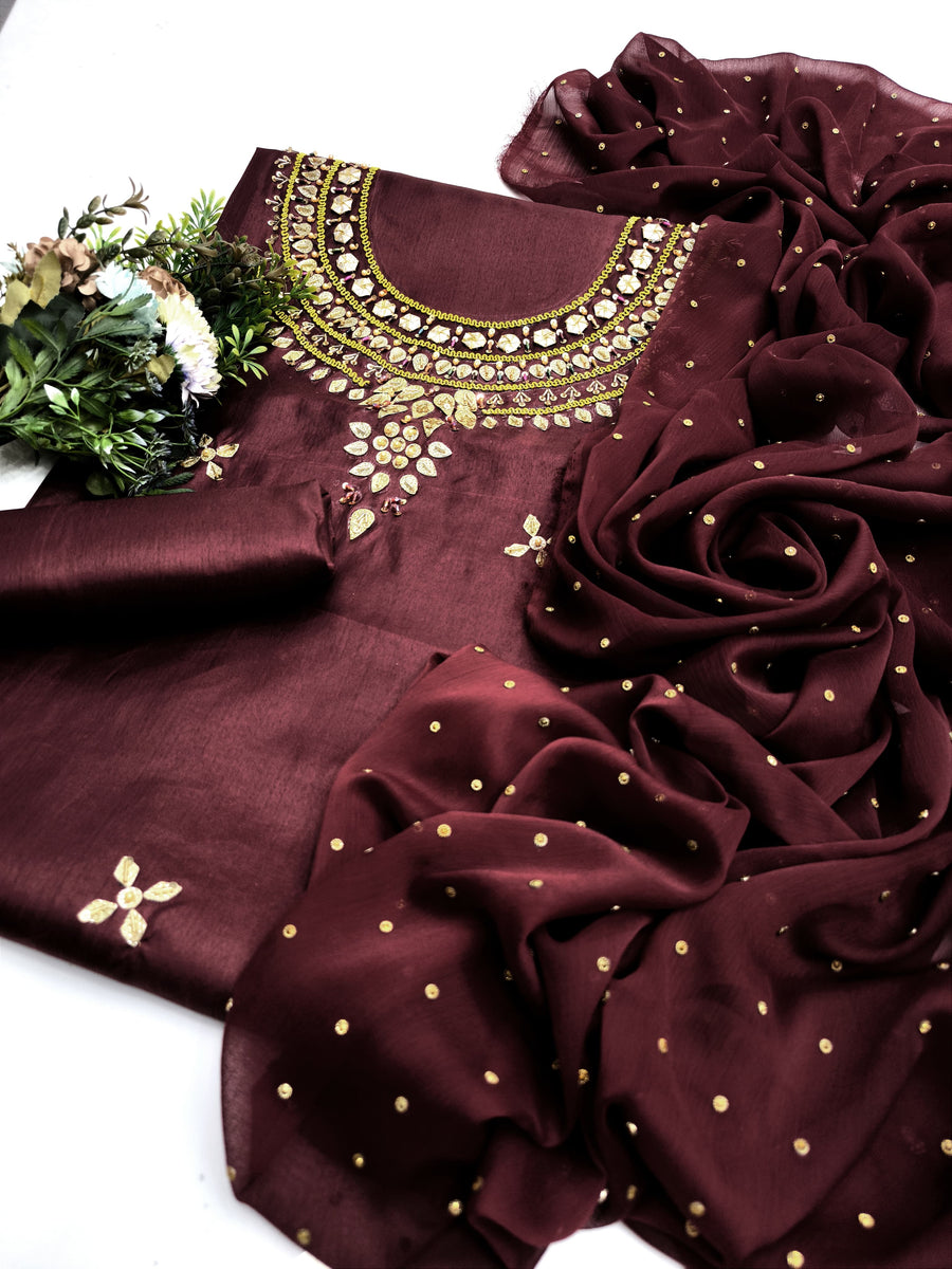 3-Piece Unstitched Indian Design Dress – Kataan Silk with Kundan Chiffon Dupatta