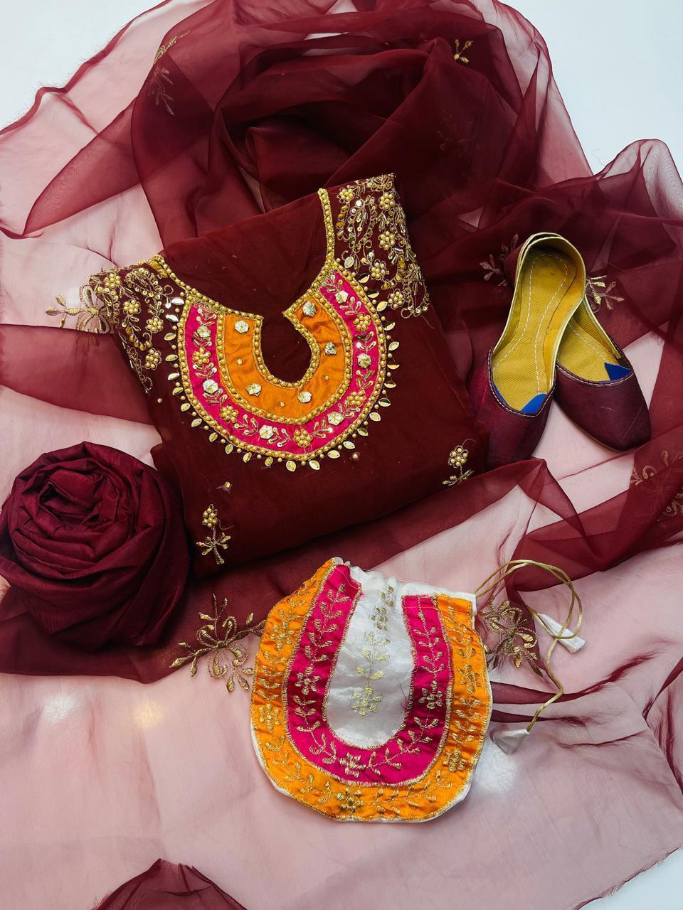 5-Piece Unstitched Organza Dress – Tilla Aari Embroidery with Khussa & Bag
