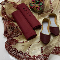 4-Piece Unstitched Kataan Silk Suit – Organza 9MM Foil Embroidered Dupatta with Button Gift