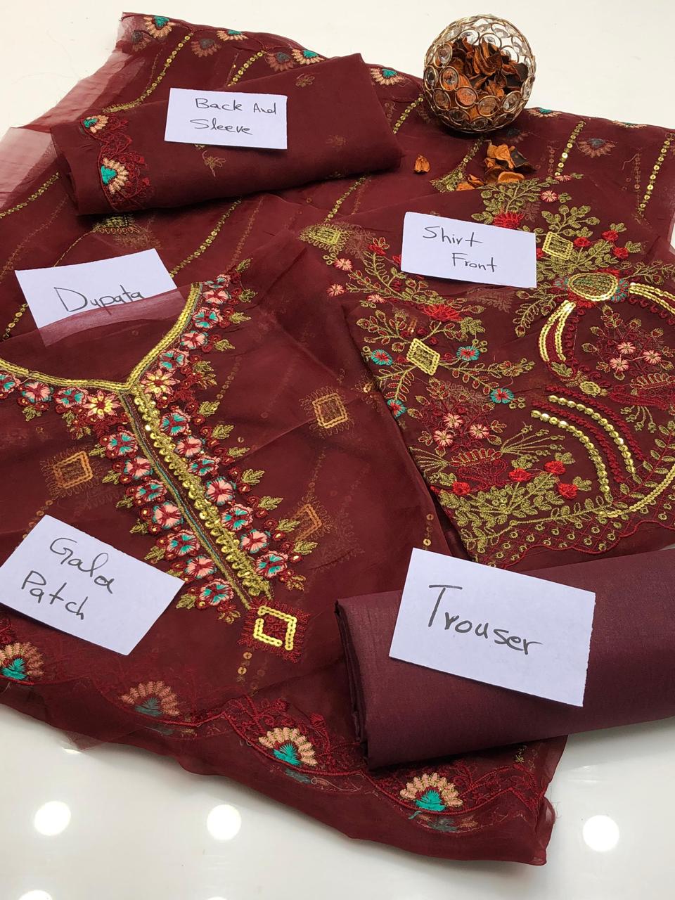 3-Piece Fancy Embroidered Organza Dress – Kataan Silk Trouser & Embroidered Dupatta