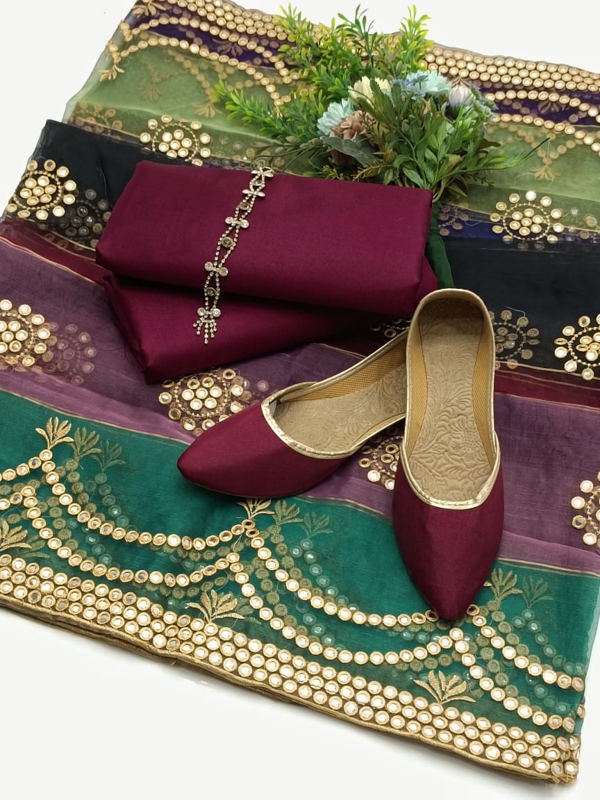 4-Piece Unstitched Multi Organza Dress – 9MM Foil Embroidered Dupatta with Kataan Silk Suit