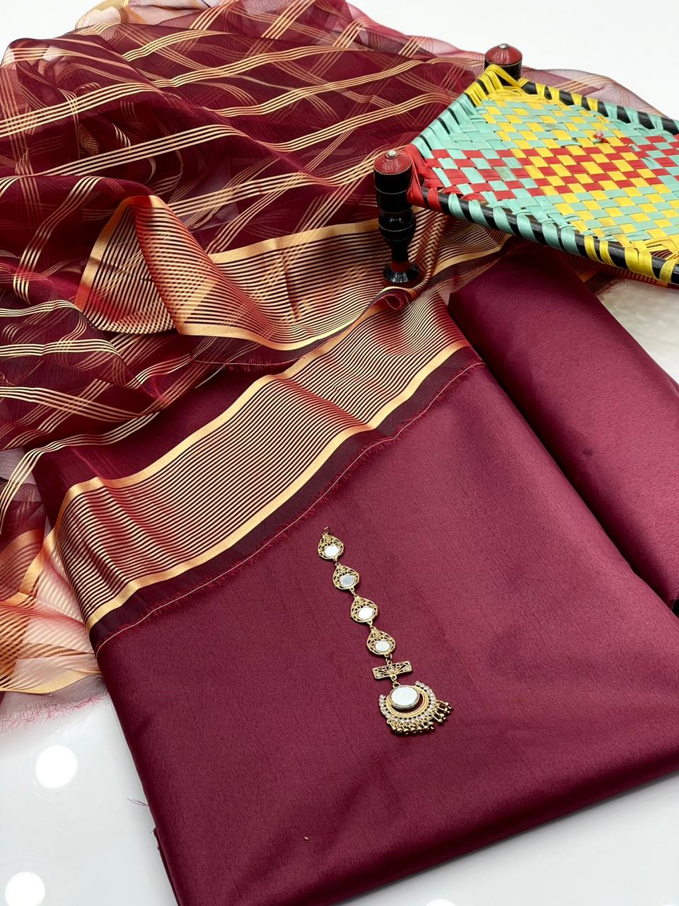 3-Piece Unstitched Fancy Suit – Kataan Silk with Organza Dupatta & Neckline