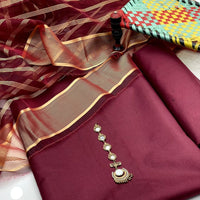 3-Piece Unstitched Fancy Suit – Kataan Silk with Organza Dupatta & Neckline