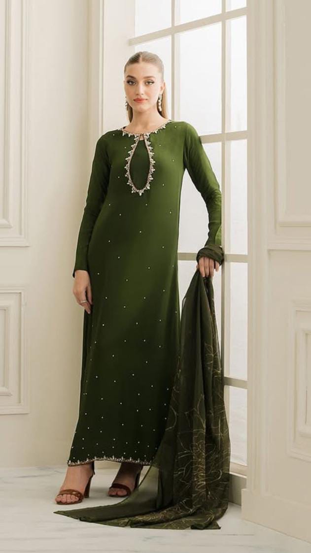 3-Piece Unstitched Shamoz Silk Suit – Embroidered Shirt with Organza Brush Dupatta