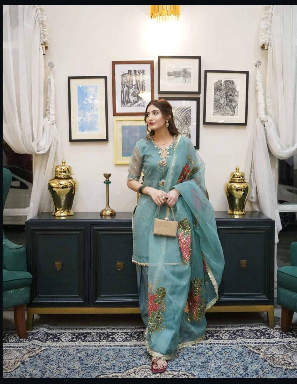 3-Piece Unstitched Mirror Work Dress – Pure Organza Shirt, Brush Dupatta & Kataan Trouser