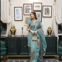 3-Piece Unstitched Mirror Work Dress – Pure Organza Shirt, Brush Dupatta & Kataan Trouser