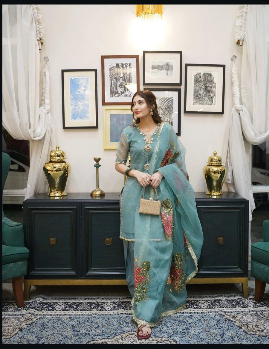 3-Piece Unstitched Mirror Work Dress – Pure Organza Shirt, Brush Dupatta & Kataan Trouser