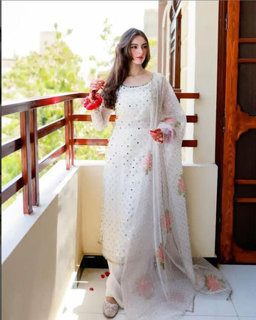 3-Piece Unstitched Mirror Work Dress – Pure Organza Shirt, Brush Dupatta & Kataan Trouser