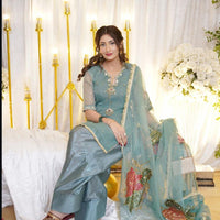 3-Piece Unstitched Mirror Work Dress – Pure Organza Shirt, Brush Dupatta & Kataan Trouser