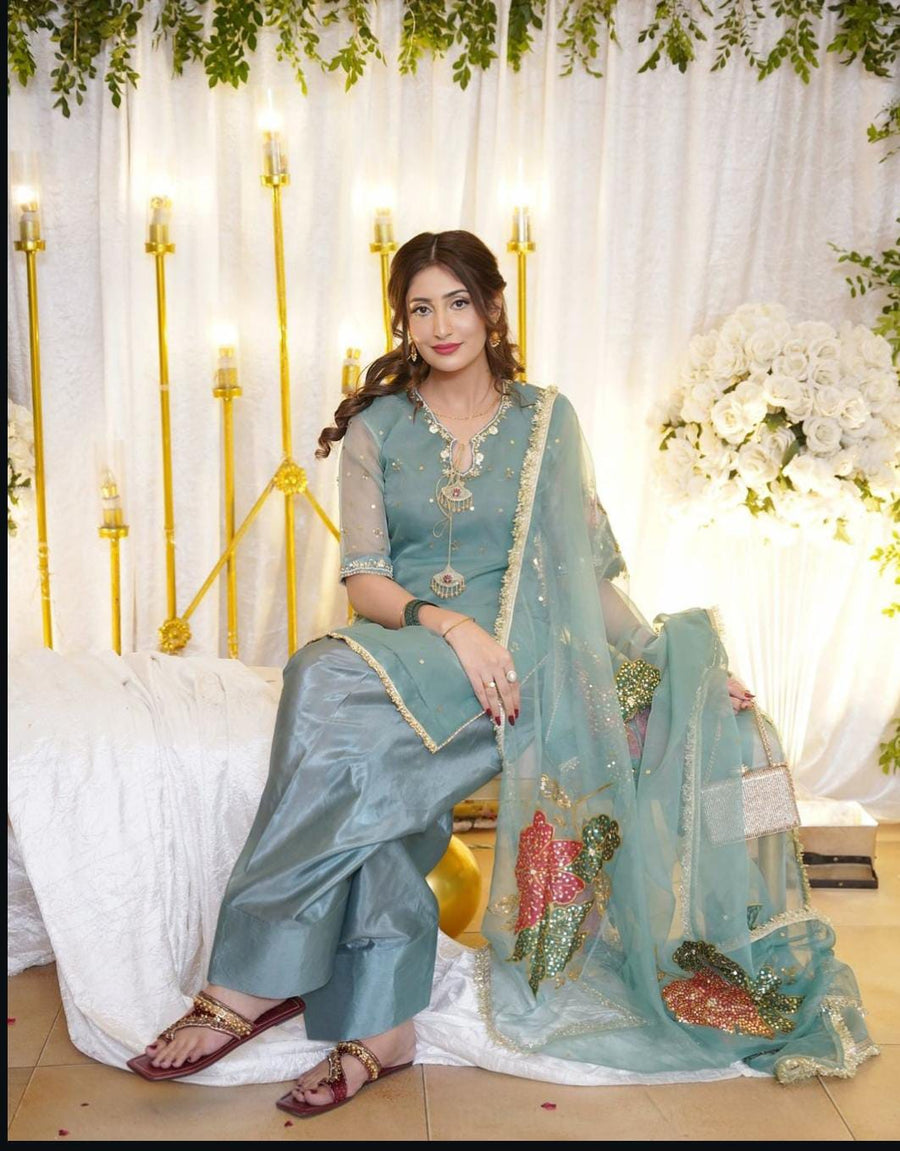3-Piece Unstitched Mirror Work Dress – Pure Organza Shirt, Brush Dupatta & Kataan Trouser