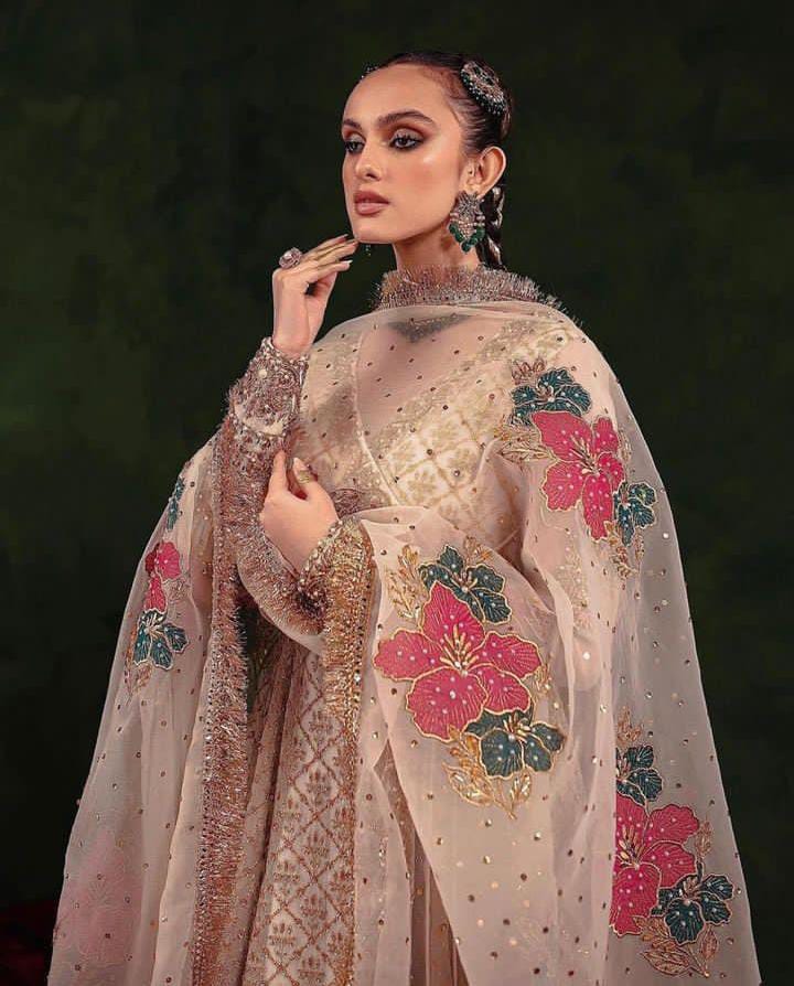 3-Piece Unstitched Mirror Work Dress – Pure Organza Shirt, Brush Dupatta & Kataan Trouser