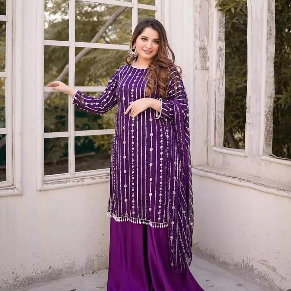 3-Piece Unstitched Fancy Suit – Chiffon Pearl Work with Silk Trouser