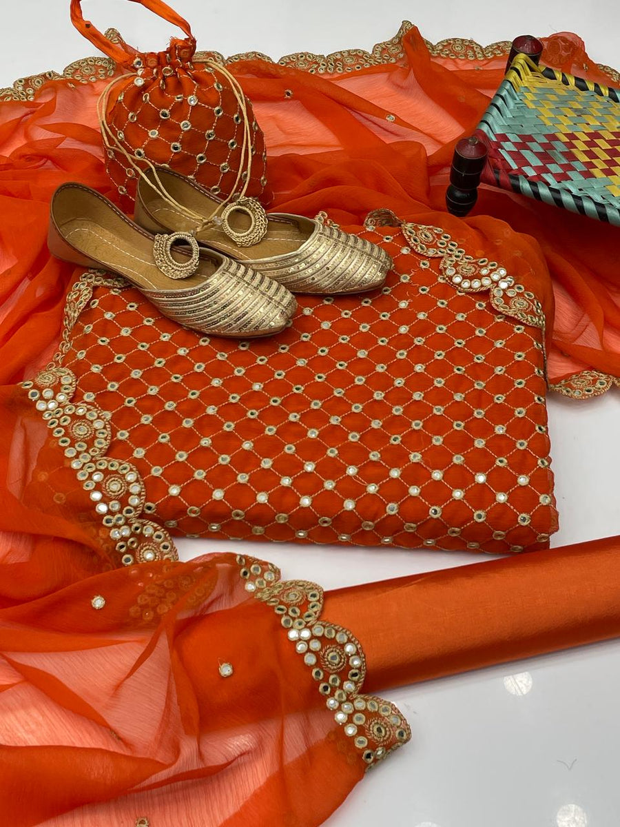 5-Piece Unstitched Fancy Chiffon Suit – Sheesha Zaari Work with Khussa & Potli Bag