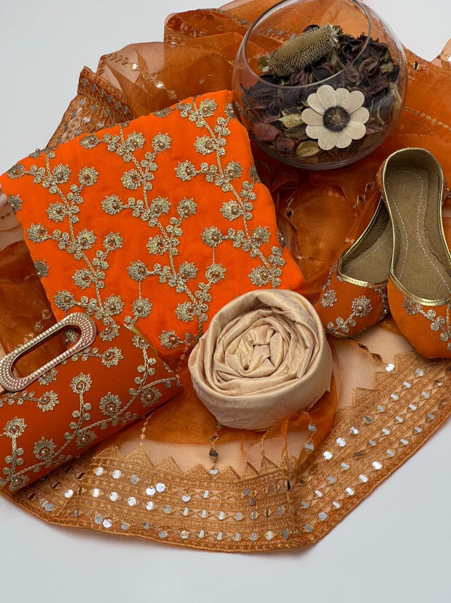 5-Piece Unstitched Wedding Dress – Georgette Shirt, Masoori Trouser, Organza Dupatta with Khussa & Clutch