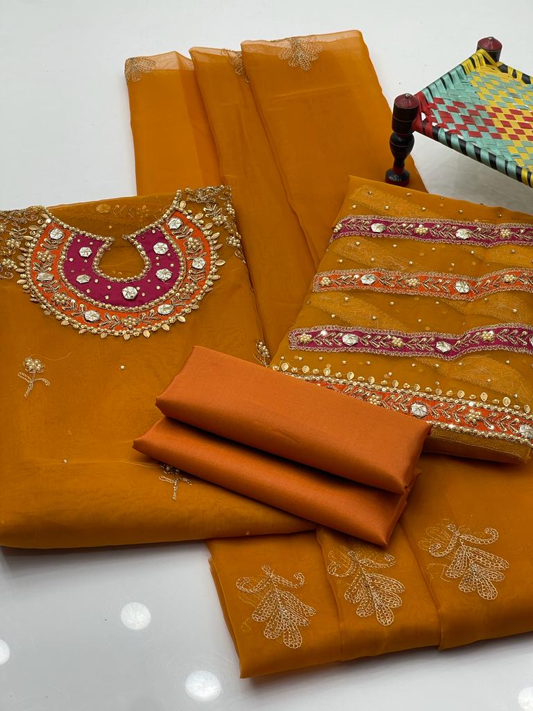 3-Piece Wedding Dress for Girls – Handmade Shirt, Kataan Trouser & Organza Dupatta