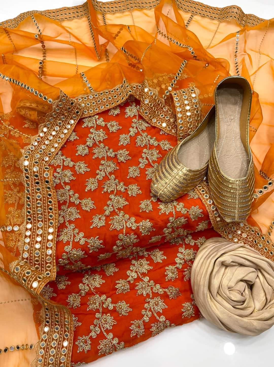 4-Piece Fancy Unstitched Dress for Girls – Chiffon Shirt, Masoori Trouser, Organza Dupatta & Khussa