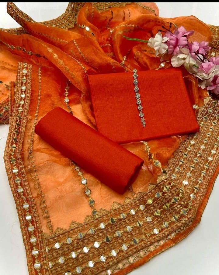 3-Piece Unstitched Kataan Silk Suit – Tissue Organza Embroidered Dupatta & Neckline