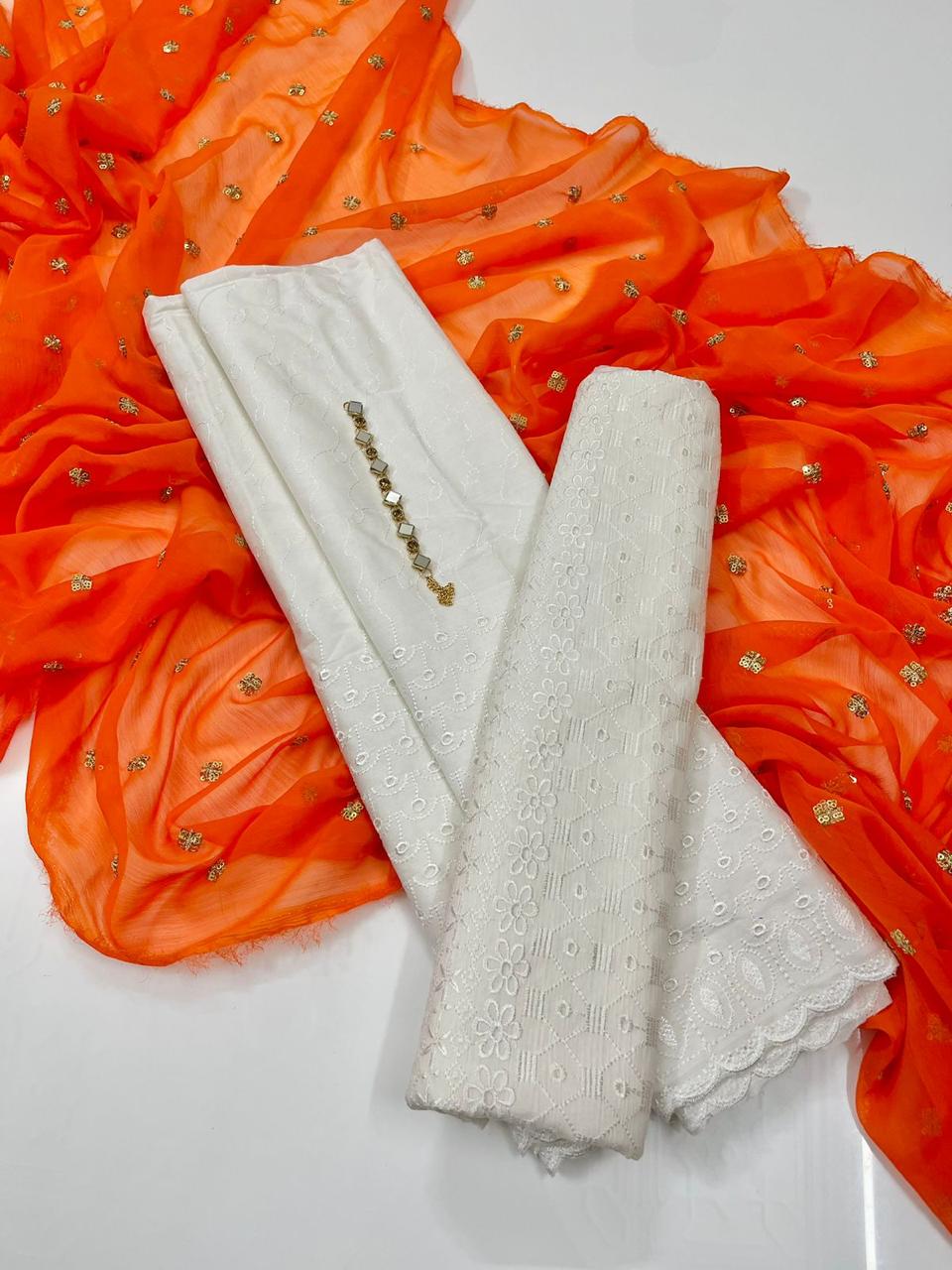 3-Piece Unstitched Summer Lawn Dress – Chikan Kari Shirt & Trouser with Sequin Chiffon Dupatta