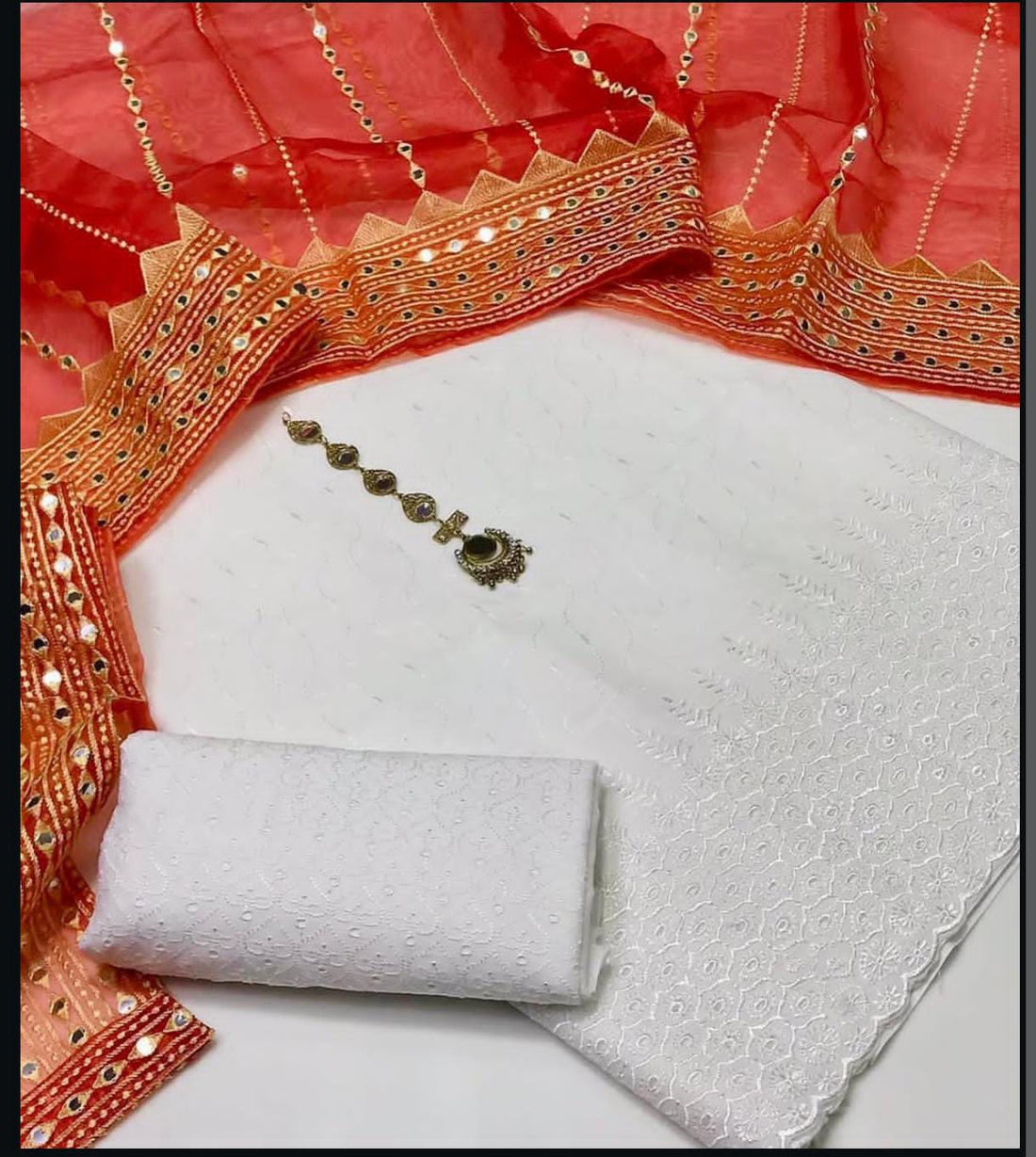 3-Piece Unstitched Summer Fancy Dress – White Chickenkari with Organza Foil Dupatta & Mirror Neckline
