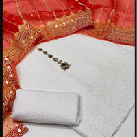 3-Piece Unstitched Summer Fancy Dress – White Chickenkari with Organza Foil Dupatta & Mirror Neckline