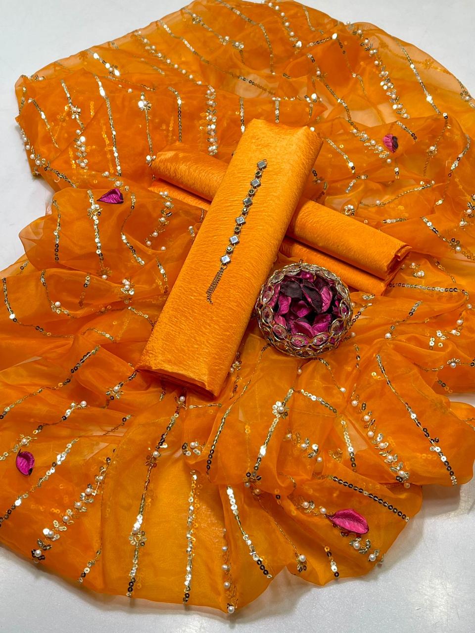 3-Piece Unstitched Suit – Kataan Silk Shirt & Shalwar with Sequin Embroidered Tissue Organza Dupatta
